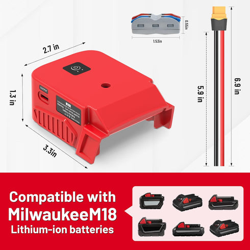 Multi-Functional USB Charger Adapter & Power Wheels Battery Adapter for Milwaukee 18V Battery with 2 USB Ports