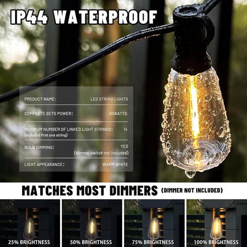100+10FT 50+2 ST38 Bulbs, Dimmable LED Outdoor String Lights, Patio Deck Lights with Shatterproof Edison Warm White