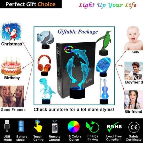 Comiwe 3D Toys,16 Dolphin Illusion Night Light Colors Change Smart Touch & Remote Control,Home Decor LED Bedside Table