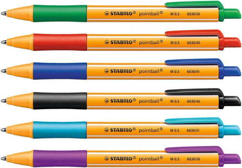 STABILO Ballpoint Pen Pack of 6 - Red, Blue, Black, Green, Turquoise, Lilac, Medium Point, Retractable