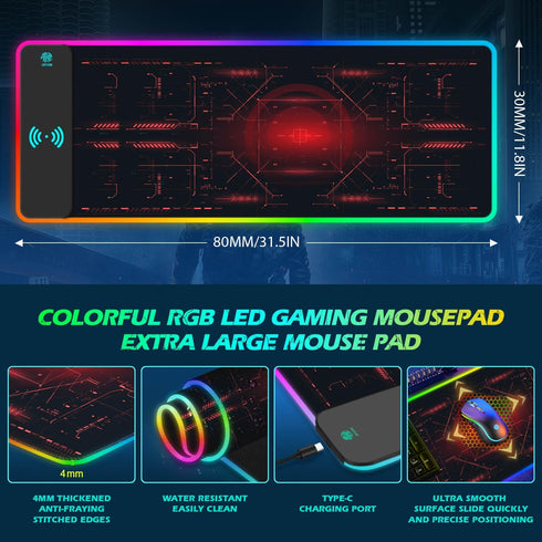 ToLuLu RGB Gaming Wireless Charging Mouse Pad, 10 Light Modes LED Mouse Pad, Extended Large Desk Mat for Gaming