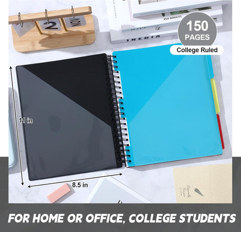 Yeaqee 4 Pcs 3 Subject Notebook, 300 Pages (150 Sheets), 8.5 x 11, Dual Poly Covers, Multi Subject Note Book for School
