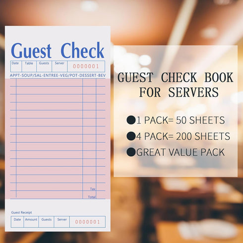 4 Pack 50 Sheets/Pack, 200 Pink Guest Checks Books for Servers, Server Note Pads, Waiter Checkbook, Waitress Notepad