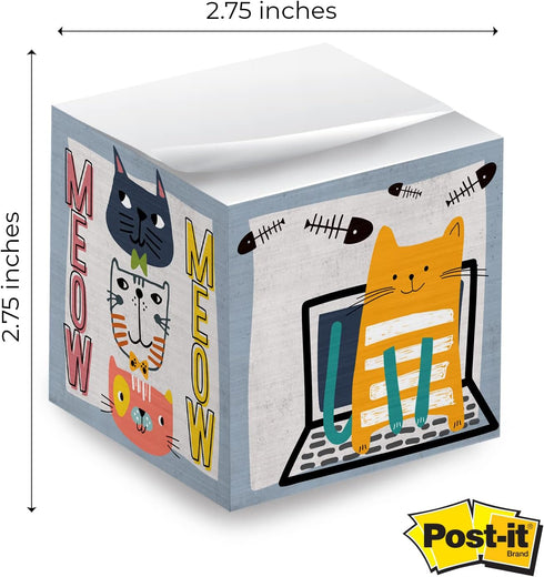 Whimsical Cats Sticky Note Cube, 600 Sheets, 2.75" Memo Block Printed on 4 Sides, Different Feline Design On Each Side