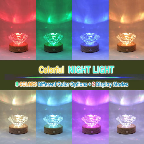 YumeGlint Diamond Shape Small Table Lamp with RGB Seven-Color Changing Night Light, Rechargeable & Solid Wood Base