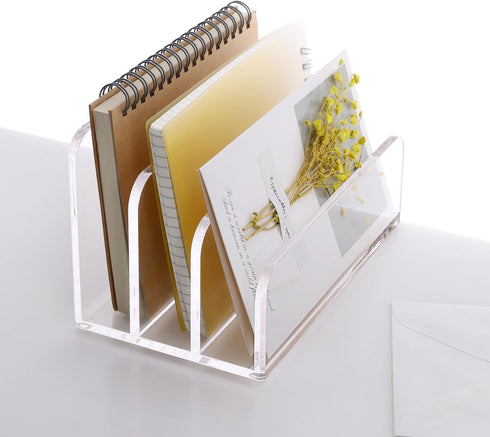 SANRUI Acrylic Mail File Organizer, 3 Upright Compartments, Clear Desktop Vertical Letter Holder for Office, Home