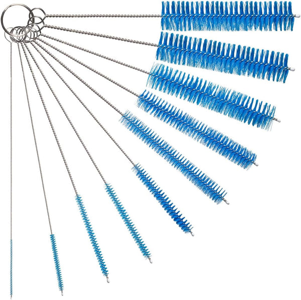 8 Inch Nylon Tube Cleaning Brush Set, 10 Piece Kit in BLUE Variety Pack, Long Deep Cleaning Brushes