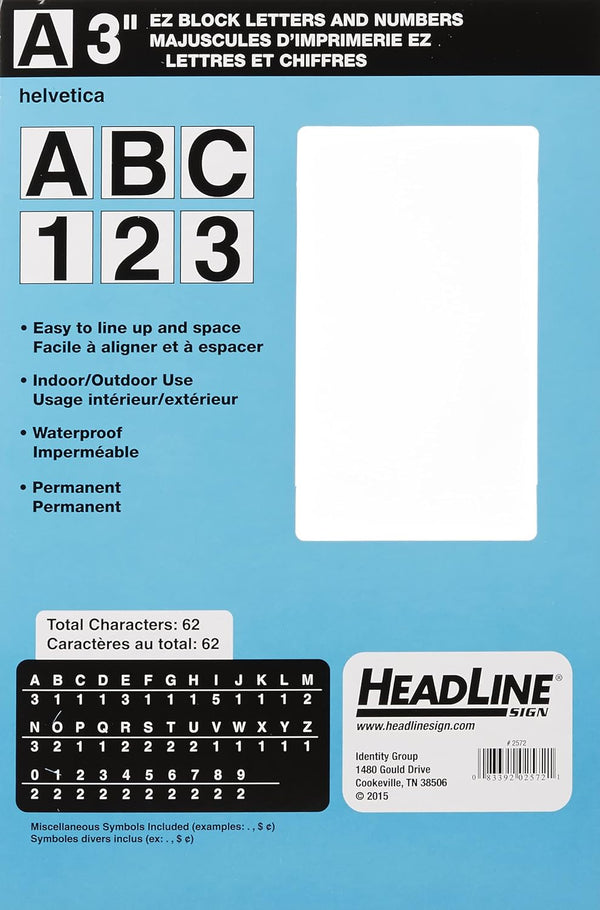 Headline Sign 2572 Stick-On EZ Block Letters and Numbers, Black on White, 3-Inch, Made in USA