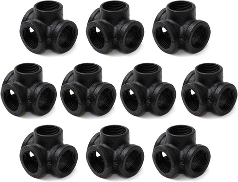 TZH 10-Pack 1" Black 4-Way Side Outlet Tee, Malleable Iron Pipe Fitting for Industrial Pipe, Furniture, DIY Decoration