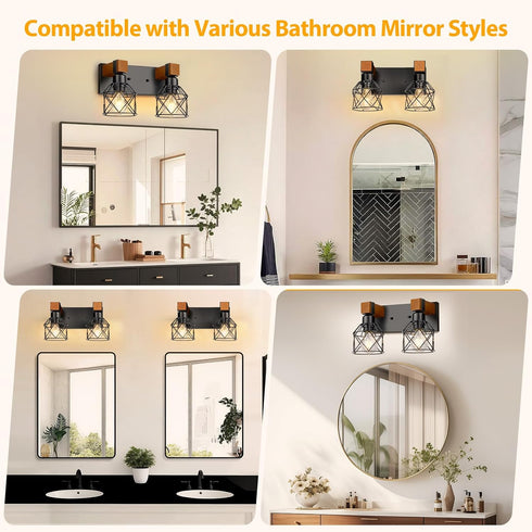 Ablwigh 2-Light Farmhouse Bathroom Light Fixtures Over Mirror, Rustic Wood Vanity Lights for Bathroom, Vintage Black