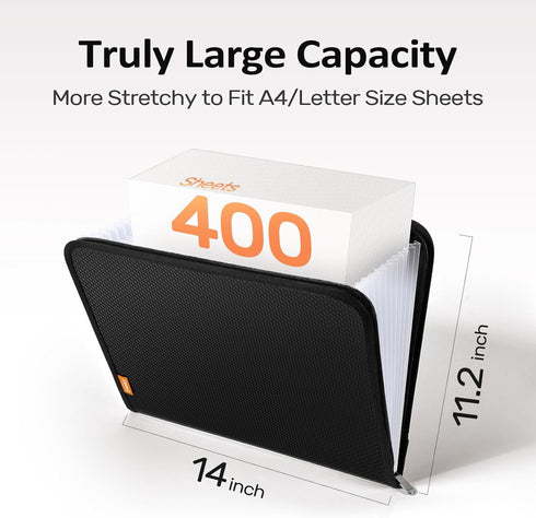 Sooez Accordion File Organizer: 13 Pocket Expanding File Folder with Safe Zipper, Portable A4 Letter Size Document