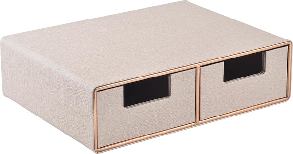 Linen Leather Desk Organizer with Drawers, Mini Stackable Desktop Storage Box for Office Supplies, Toiletries (Beige,