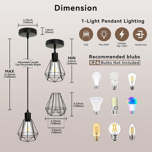 3 Pack 47.2in E26 (Bulbs LTBLIGHT Hanging Lights for Kitchen, Black Farmhouse Pendant Light Fixture with Adjustable