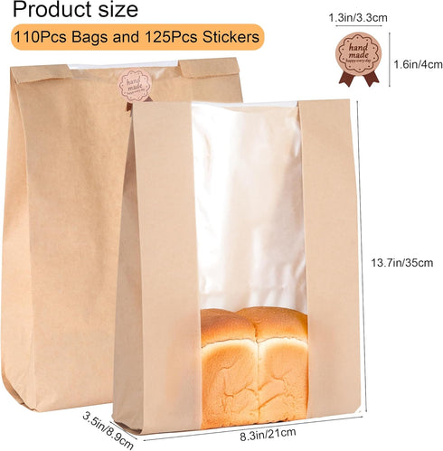 BDAFRYY 110 Pack 13.8" 8.3" 3.55",Sourdough Window,125 Bread Bags for Homemade Bread x x Paper Bread Bags With sealing