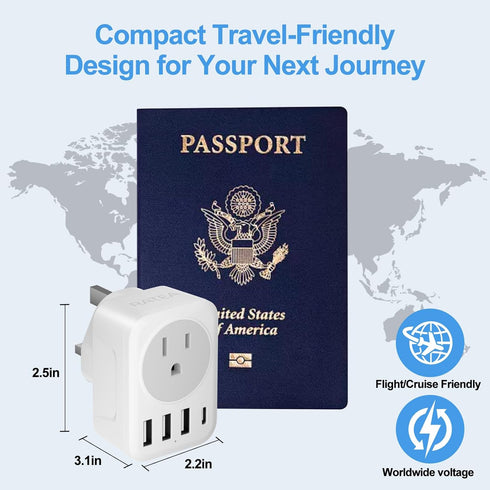 UK Ireland Travel Plug Adapter, RATEA Type G Power Adaptor with 3 USB-A, 1 USB-C Outlet Charger for US to UK
