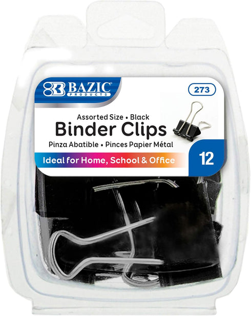 BAZIC Binder Clips Assorted Sizes, Small Medium Large Paper Clamps for Office School Supplies (12/Pack)