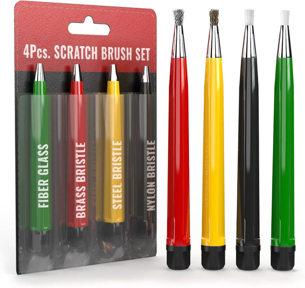 Pixiss Scratch Brush Pen Set, Fiberglass, Steel, Brass, Nylon, 4-Pack for Removing Corrosion and Rust
