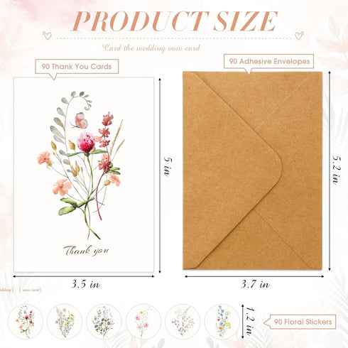 AmazingSpark 90 Pack 3.5 5 Inch Wildflower Thank You Cards with Envelopes and Stickers Bulk x Floral Thank You Notes