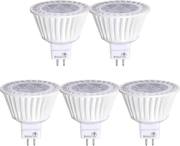 Bioluz LED 5 Pack MR16 LED Bulb, Dimmable 50W Halogen Replacement, 7w 3000K, 12v AC/DC, UL Listed