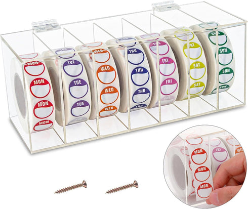 Acrylic Day of The Week Label Dispenser - 7-Slot Wall Mount Sticker Roll Dispenser for 1", 3/4" Labels