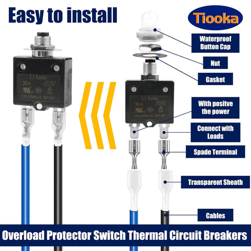 10A Manual Reset Button Circuit Breaker 2 Pack 125/250V AC 50V DC Thermal Overload Protector with Quick Connect Terminals and Waterproof Button Caps
