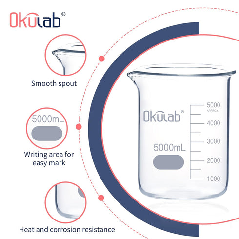 5000mL Low Form Glass Beaker, Graduated 3.3 Borosilicate Glass for Lab, Classroom, Craft, Kitchen, BKLG5000A1