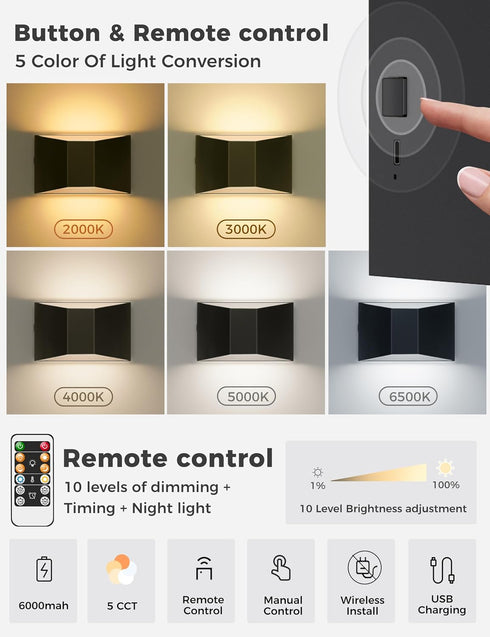 5CCT LED Battery Operated Wall Sconce, Remote Control Adjustable Wall Lamp, Up Down Wall Mount Lights for Hallway