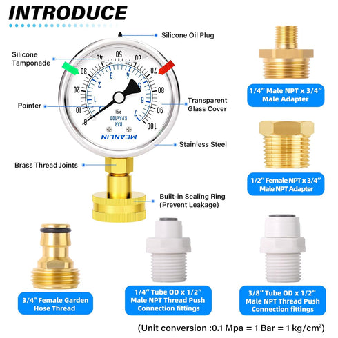 MEANLIN MEASURE 0~100Psi Stainless Steel Frame 3/4" Female Liquid Filled Pressure Gauge Kit with 5 Adapters, 2.5" FACE
