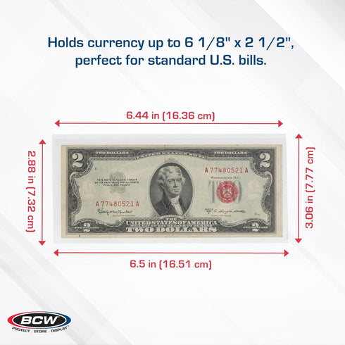 BCW Deluxe Currency Holder, Regular Bill (Dollar), Semi-Rigid Holder, Holds up to 6.38' x 2.78', Pack of 50