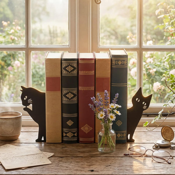 Tcwhniev Peeping Cat Metal Bookend, Cute L Type Cat Shape Book Holder Stopper