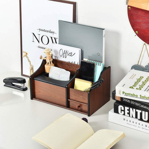 Cherry Brown Wood Desk Organizer, Tissue Box Lid with Multiple Slots Drawer for Phone Tablet Remote Control Storage