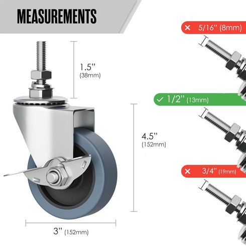 Houseables Caster Wheels, 3” Casters Set of 4 Heavy Duty, Locking Casters, Screw Dia. 1/2"-16, Length 1.5", Castors, Heavy Duty Casters, Industrial Casters, 3 Inch Casters Set of 4, 3” Caster Wheels