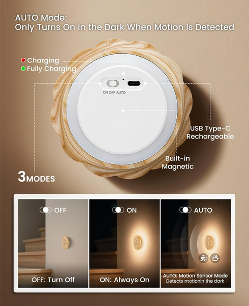Night Light Wooden Carved Flower Mini USB Rechargeable Motion Sensor Nightlights Magnetic Wall Light for Hallway