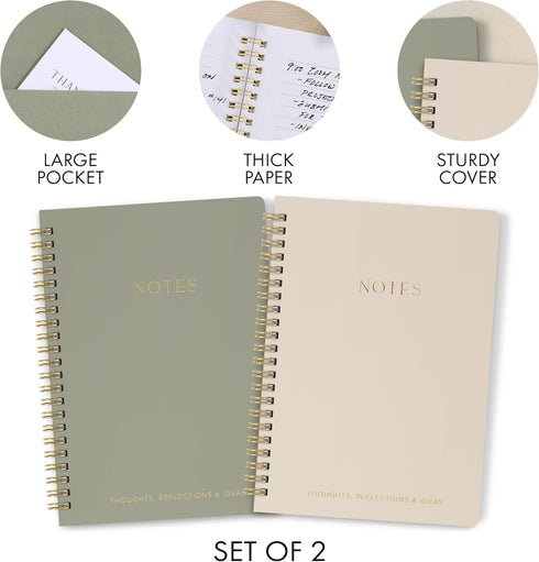 ZICOTO Aesthetic Spiral Notebook Set of 2, Cute Ruled 8x6 Journal/Notebook with Pockets and Lined Pages for School