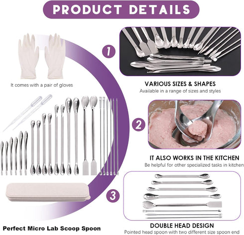 Swpeet 74Pcs Stainless Steel Micro Lab Scoop Spoon, Lab Spatulas with 3ML Plastic Transfer Pipettes Kit