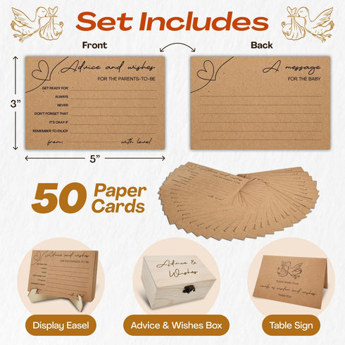 Renaco Gift Company 50 Mommy Baby Shower Advice Cards for Parents To Be - pcs Double Sided Wishes Cards with Box
