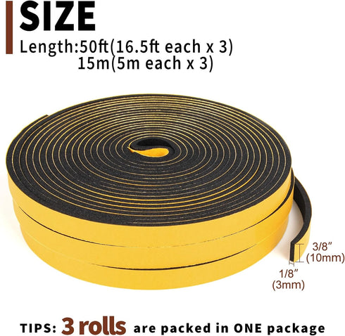 Yotache Foam Seal Tape, 3 Rolls, 3/8" W X 1/8" T, High Density Adhesive Weather Stripping Seal for Door & Window, 50 Ft