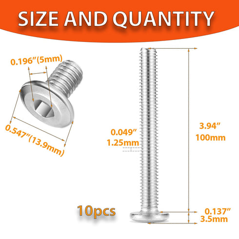 Socell M8x100mm Bolts,10pcs M8x1.25 Bolts,304 18-8, Hex Socket Head Cap Screws Furniture Screws Stainless Steel Crib