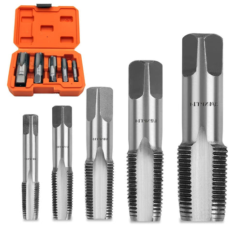 YUENTOEN 5 Piece NPT Pipe Tap Set, NPT Thread Forming Taps, GCR15 Drill Bits for Cleaning, Sizes 3/4", 1/2", 3/8",