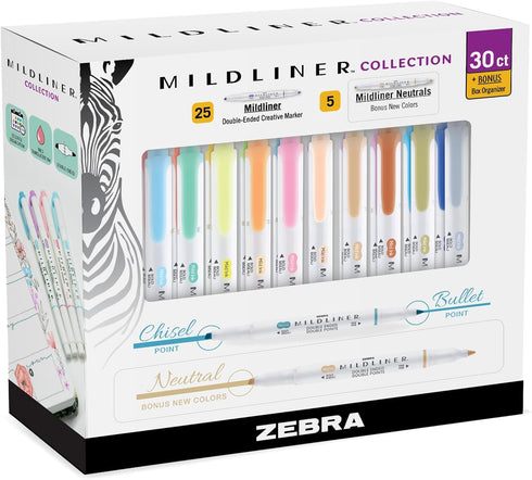 Zebra Pen Mildliner Highlighters, Double Ended Highlighter, Broad and Fine Tips, Pastel and Neutral Colors, 30 Pack.