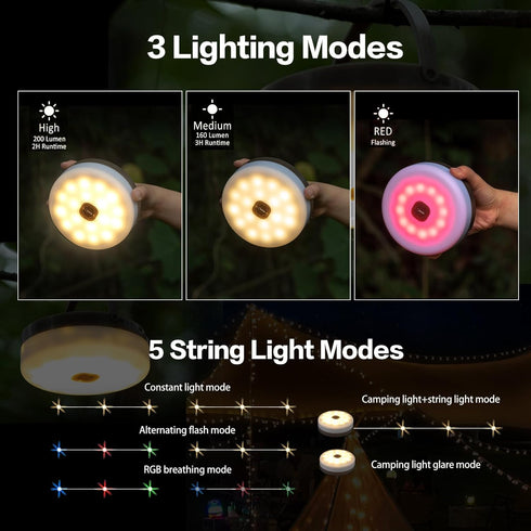 Sutaig 4 1 8 Modes(72.2Ft), 30s Solar Camping String Lights, in Outdoor Camping Lantern with Lighting Quick Recovery