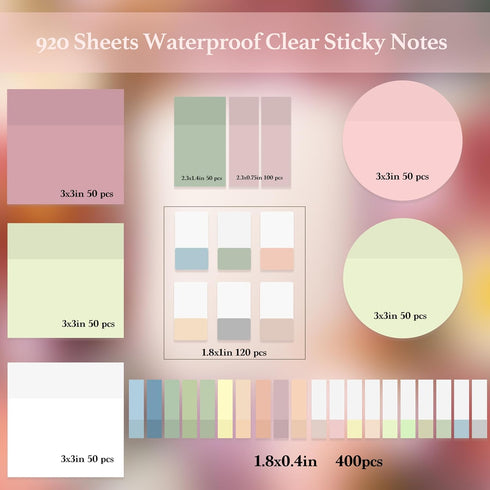 Transparent Sticky Notes, 920 Sheets Waterproof Clear Sticky Notes, Post It Notes for Bible Study, Office, School