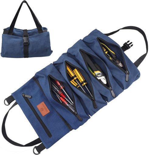 Roll Up Tool Bag, 16OZ Canvas Wrench Roll Up Pouch, Multi-Purpose Tool Organizer with 5 Zippered Pockets