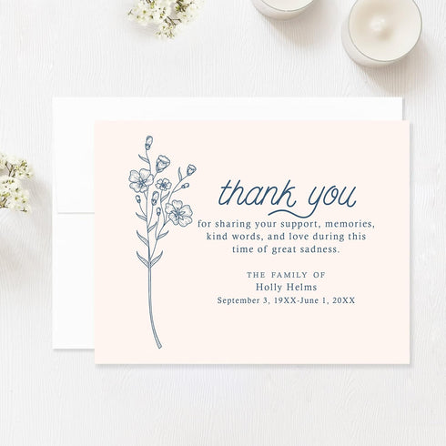 5.5x4.25 Simple Blue Wildflower Funeral Thank You Cards, Personalized Sympathy Acknowledgement Cards, Bereavement Notes