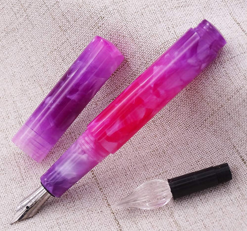 Fountain Pen Fine Nib & Glass Dip Pen Gradient Violet Celluloid, Mini Pocket Travel Writing Gift Pen for Business
