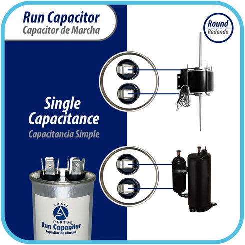 Appli Parts Run Capacitor for AC, 7.5 Mfd uF, 370/450 VAC, CBB65 Round Universal Fit for HVAC, 2-1/2" High, 1-1/2" Wide