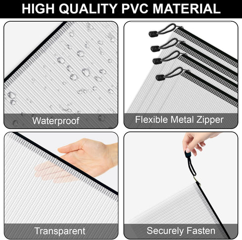 Mesh Zipper Pouch Bags, 24 Pcs Clear A4 Waterproof Document Bags for School Office Organizing Storage