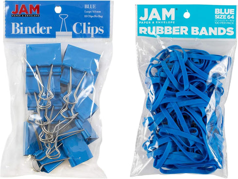 JAM Plus Blue Large Binderclips + Blue Size 64 Rubberbands