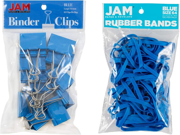JAM Plus Blue Large Binderclips + Blue Size 64 Rubberbands