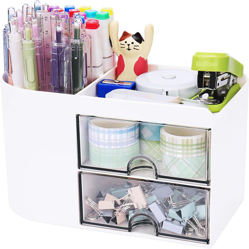 Desk Organizer with Drawer, Small Pencil Holder, 2 Drawers + 4 Compartments for Office Home Storage (White)